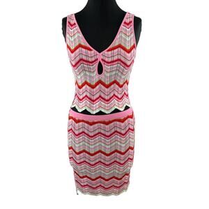 NWT Torn by Ronny Kobo Pink Red Chevron Crochet Skirt and Top Set Outfit 2-Pc M